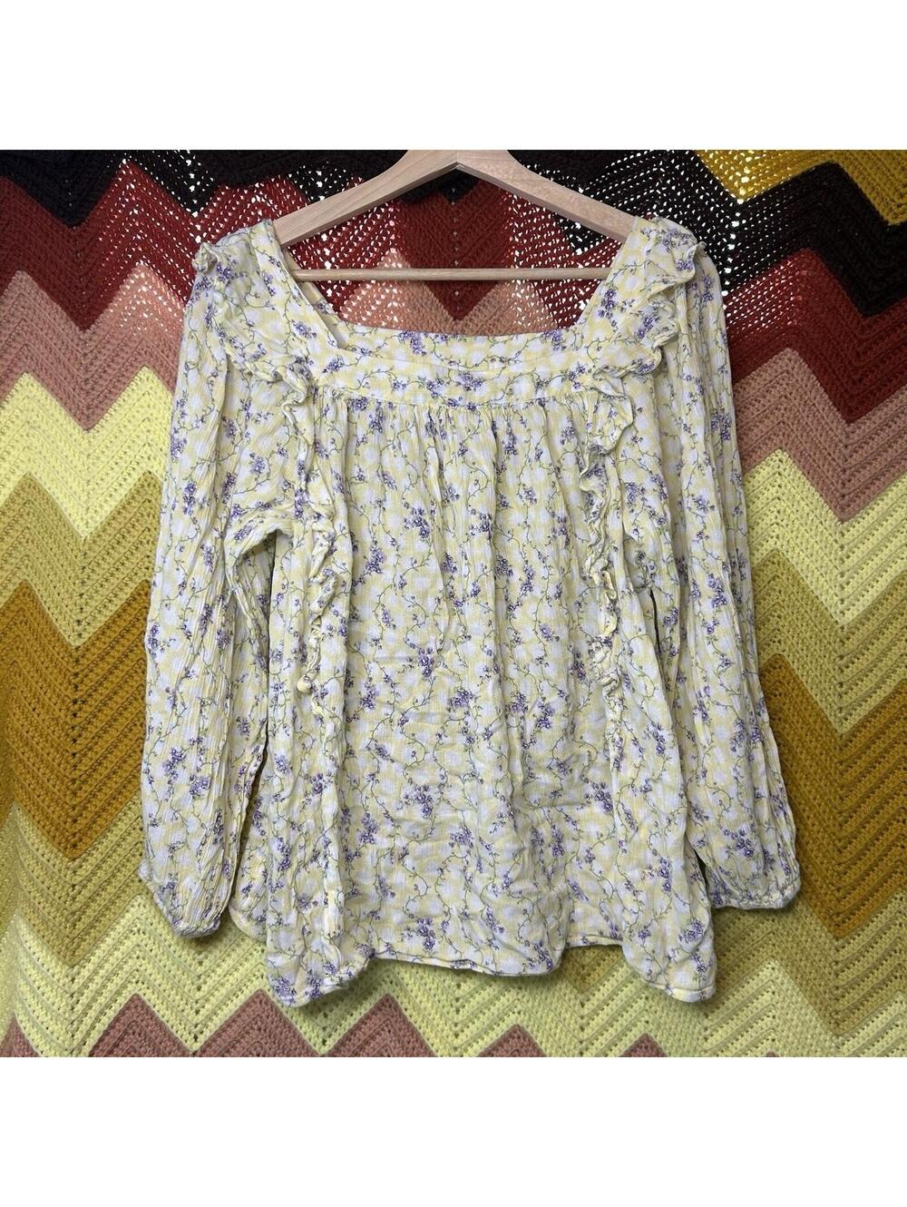Chaps Women’s Top M Yellow Floral 3/4 Sleeves Cottagecore Cotton Square Neck